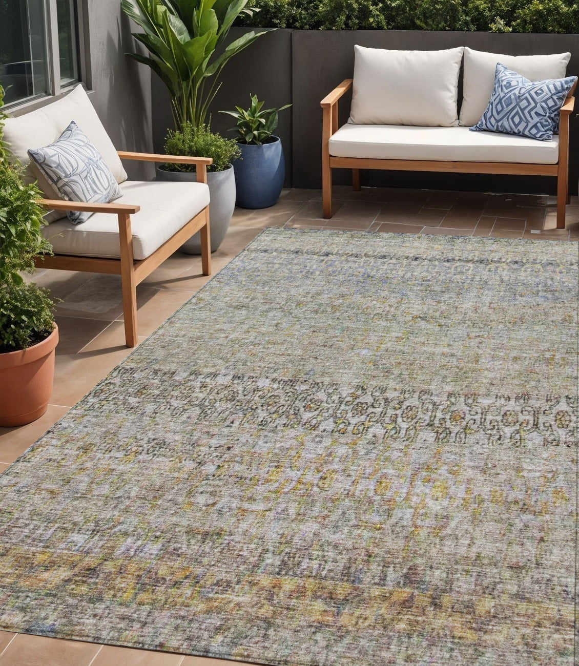 5' X 8' Blue Green And Gold Floral Washable Indoor Outdoor Area Rug