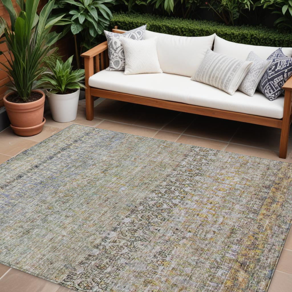10' X 14' Blue Green And Gold Floral Washable Indoor Outdoor Area Rug