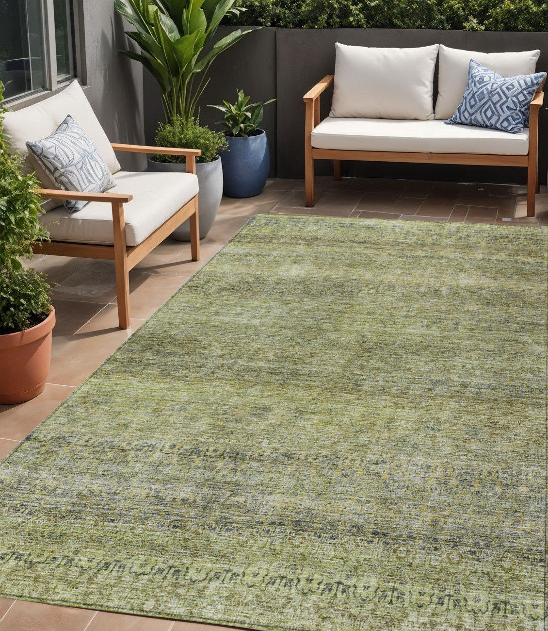 5' X 8' Artichoke Green Brown And Gray Striped Washable Indoor Outdoor Area Rug
