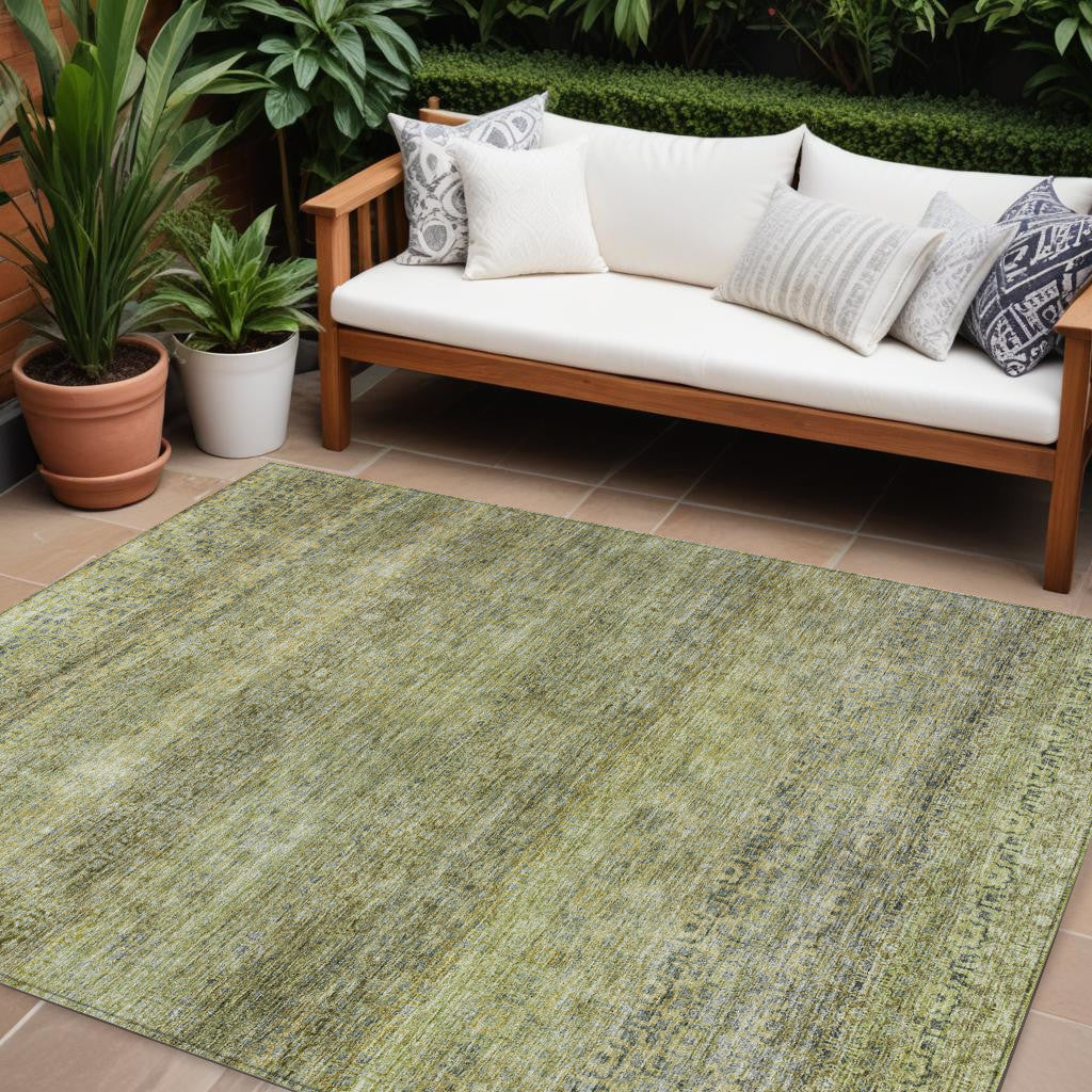 10' X 14' Artichoke Green Brown And Gray Striped Washable Indoor Outdoor Area Rug
