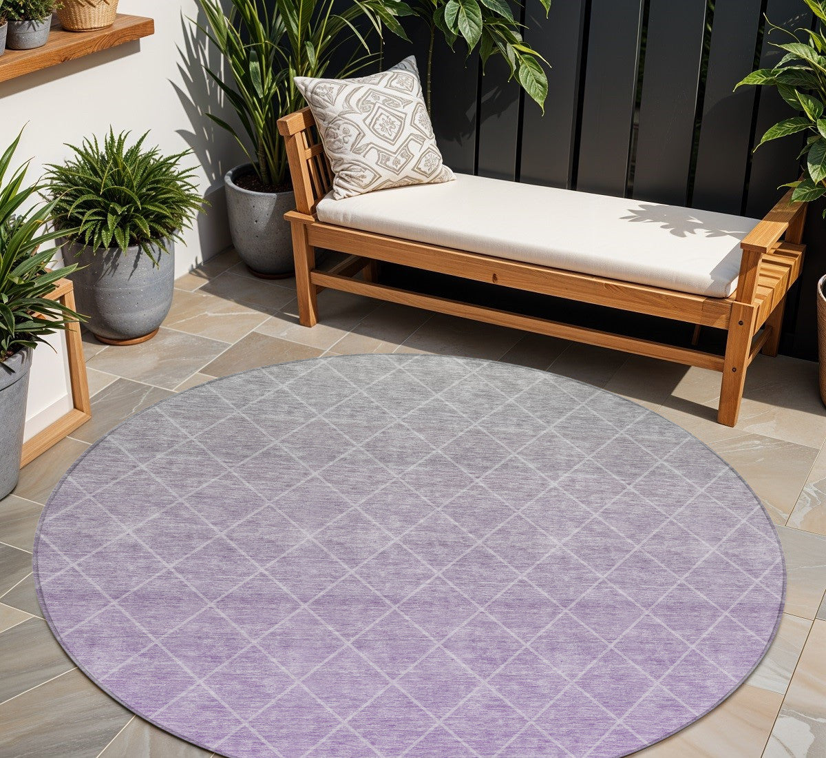 8' Lavender And Gray Round Geometric Washable Indoor Outdoor Area Rug