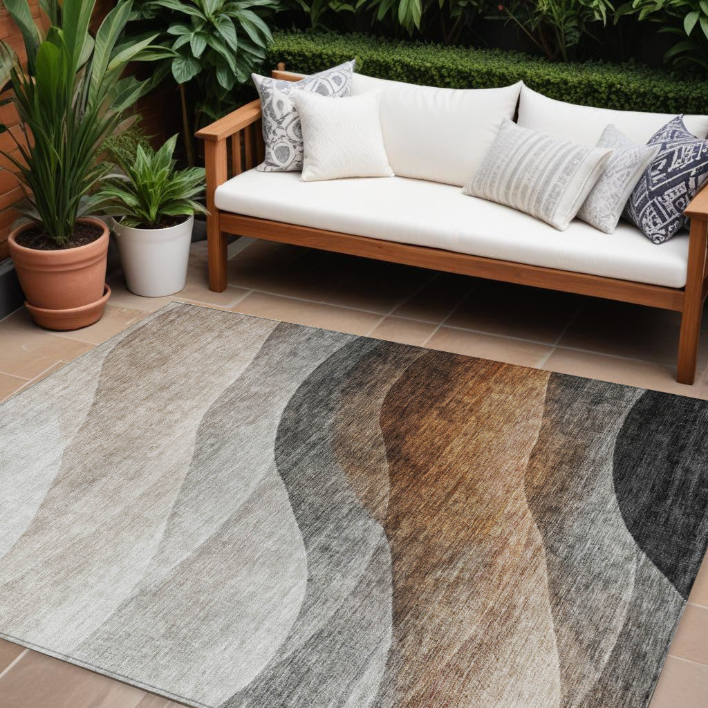 9' X 12' Khaki Black And Terra Cotta Abstract Washable Indoor Outdoor Area Rug