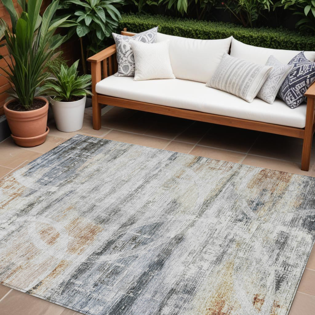 9' X 12' Silver Copper And Ivory Geometric Washable Indoor Outdoor Area Rug