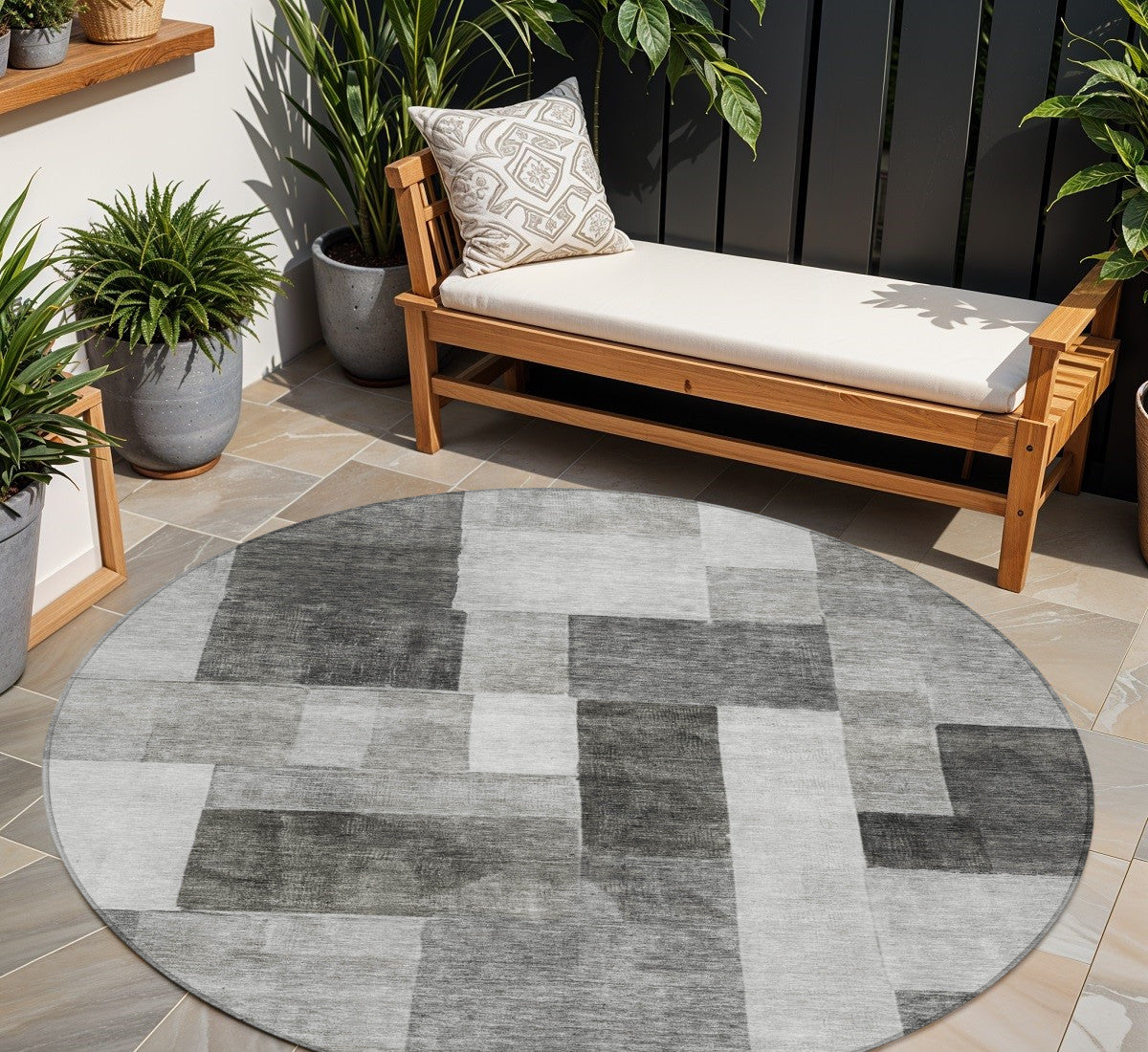 8' Pewter And Black Round Geometric Washable Indoor Outdoor Area Rug