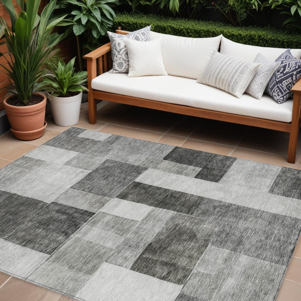 9' X 12' Pewter And Black Geometric Washable Indoor Outdoor Area Rug