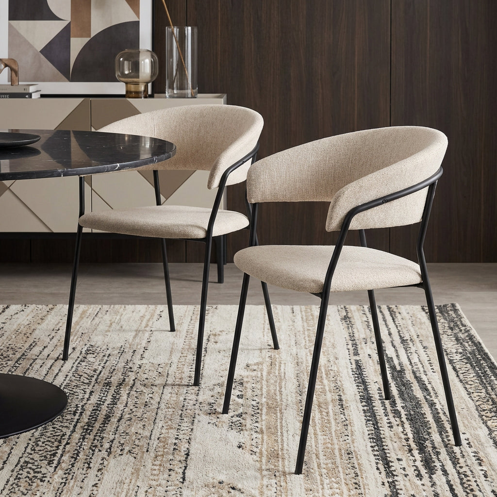 Set of Two Beige and Black Fabric Open Back Dining Arm Chairs