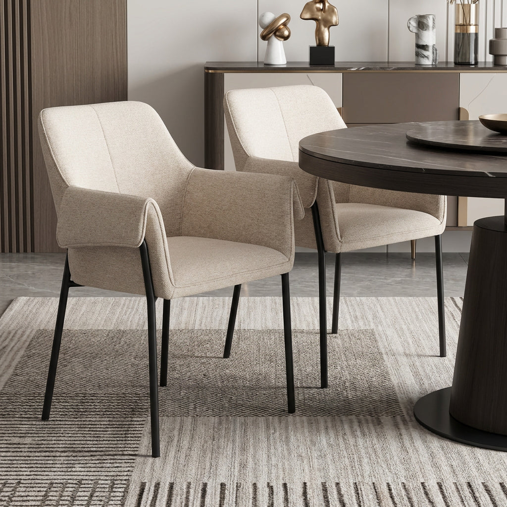 Set of Two Beige and Black Fabric Dining Arm Chairs