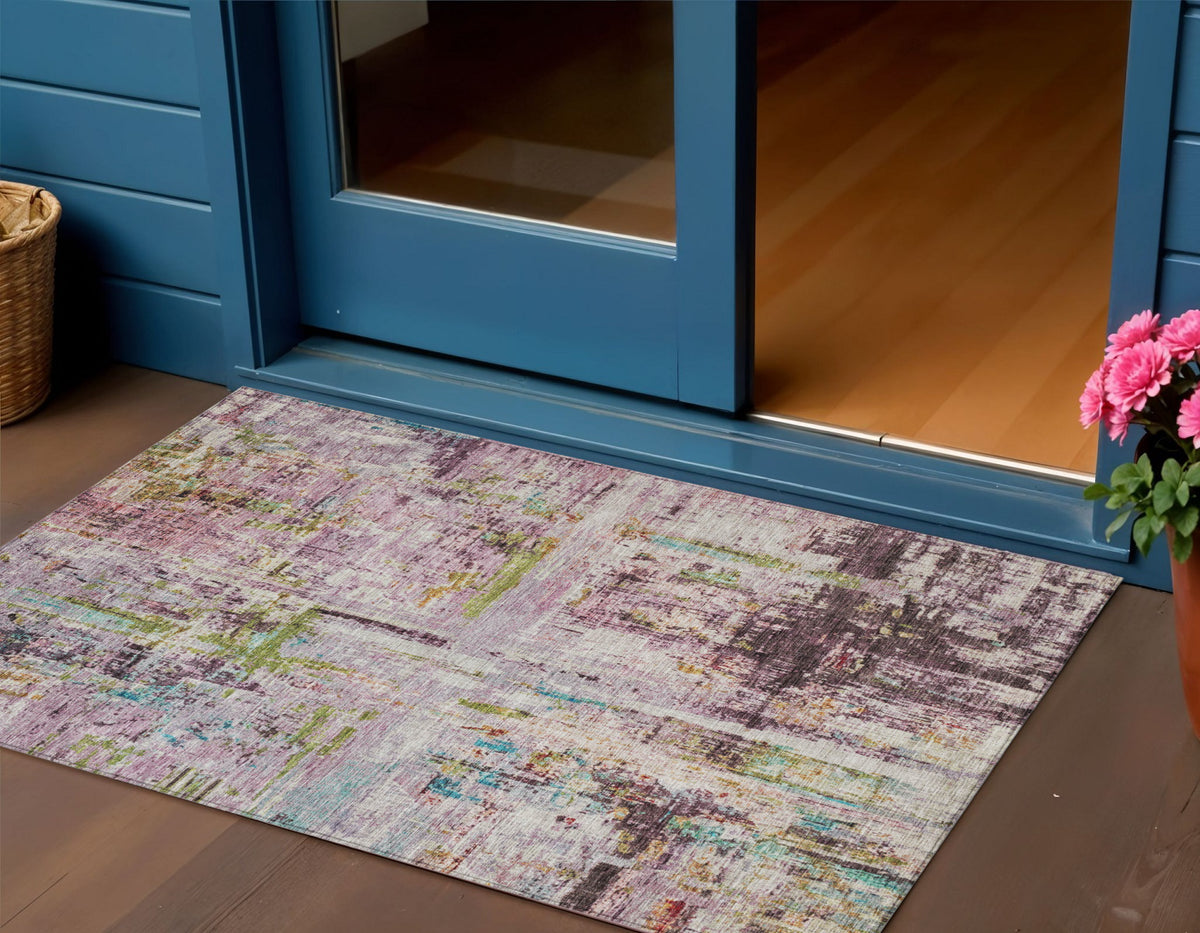 3' X 5' Lavender Green And Blue Abstract Washable Indoor Outdoor Area Rug