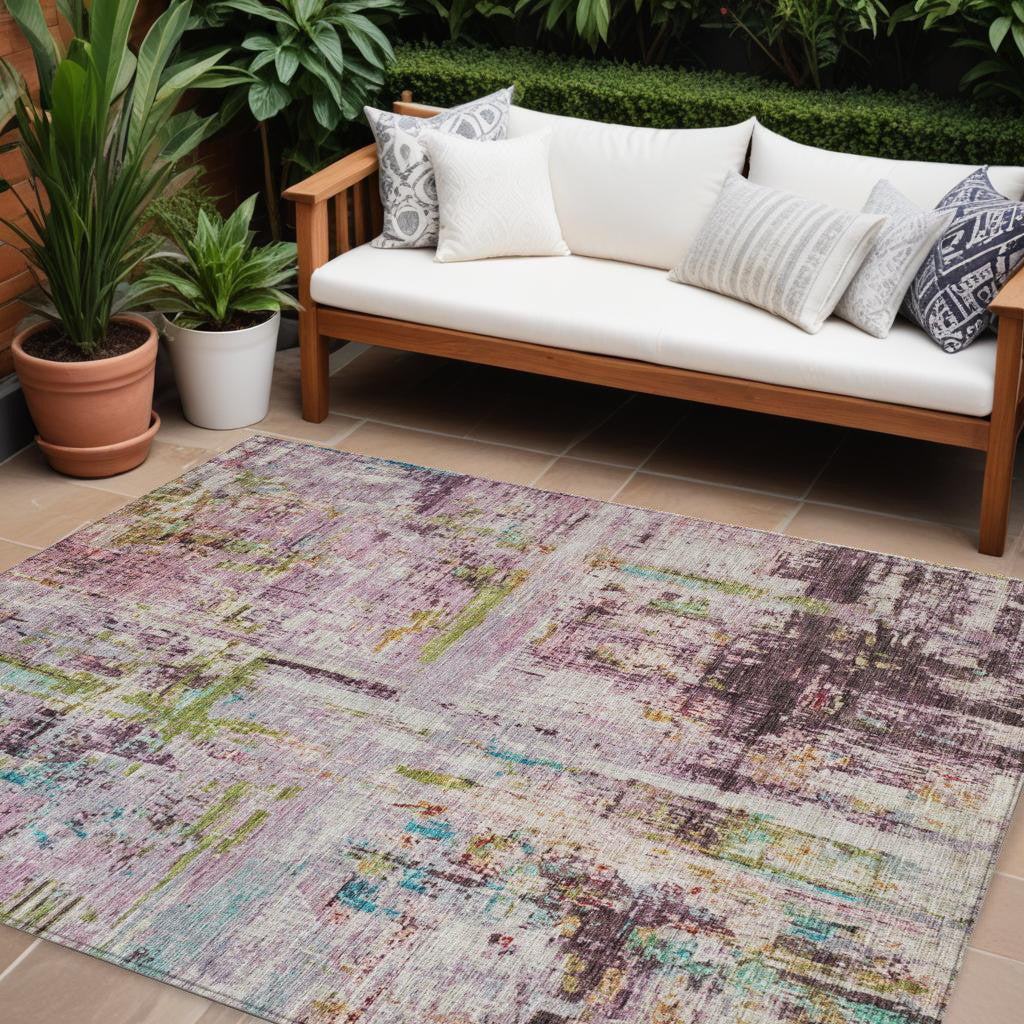 9' X 12' Lavender Green And Blue Abstract Washable Indoor Outdoor Area Rug