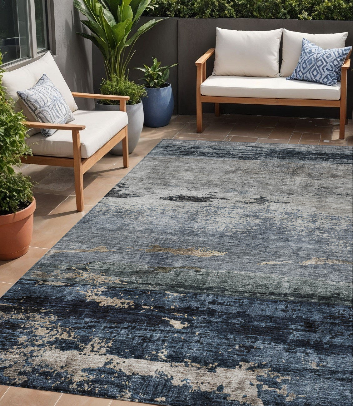 5' X 8' Navy Blue Gray And Black Abstract Washable Indoor Outdoor Area Rug
