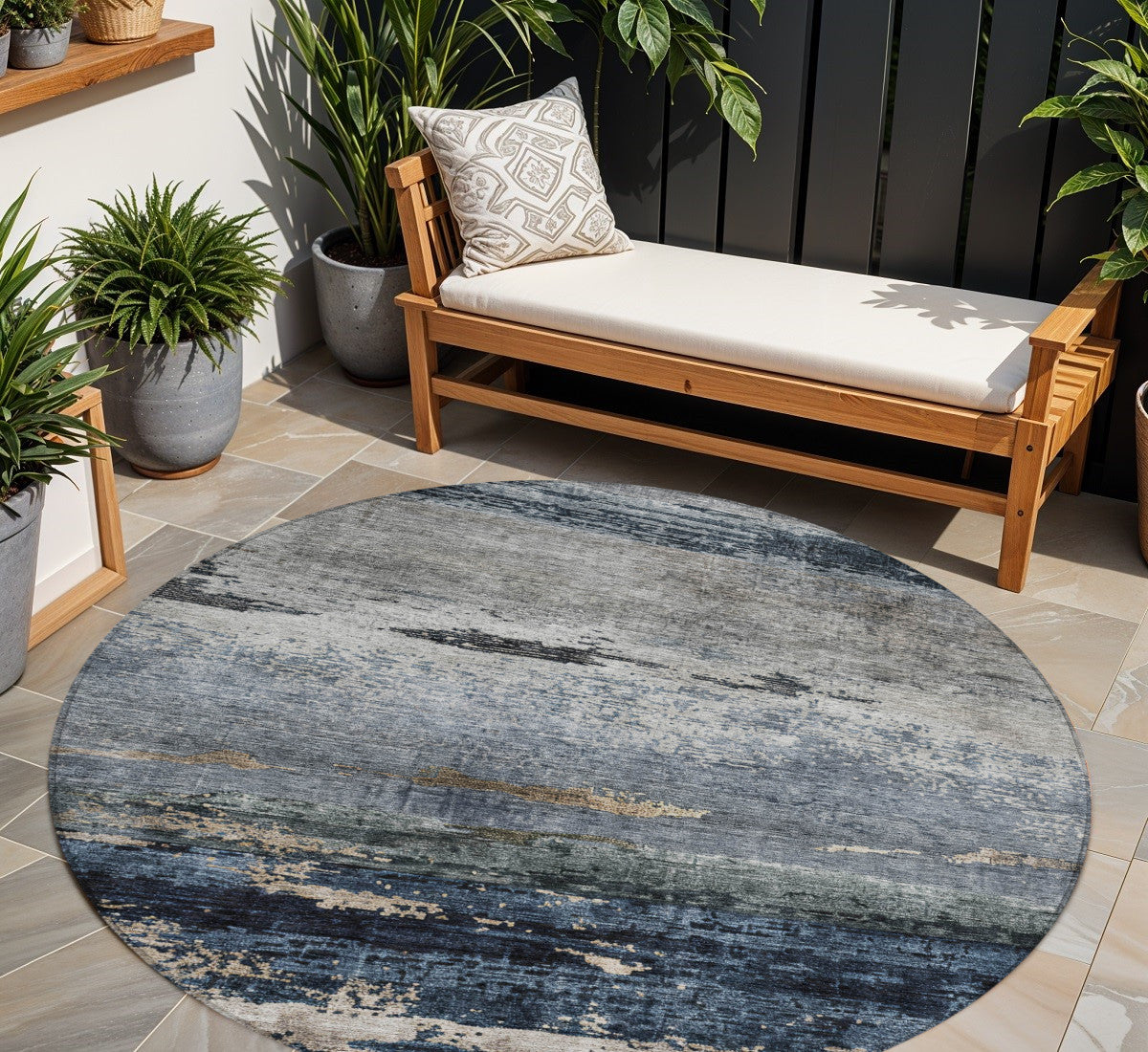8' Navy Blue Gray And Black Round Abstract Washable Indoor Outdoor Area Rug