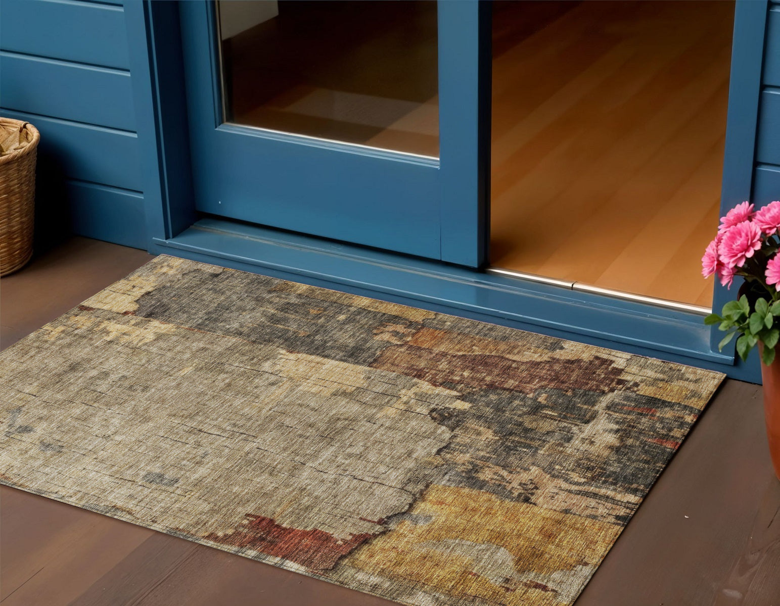 3' X 5' Khaki Charcoal And Terra Cotta Abstract Washable Indoor Outdoor Area Rug