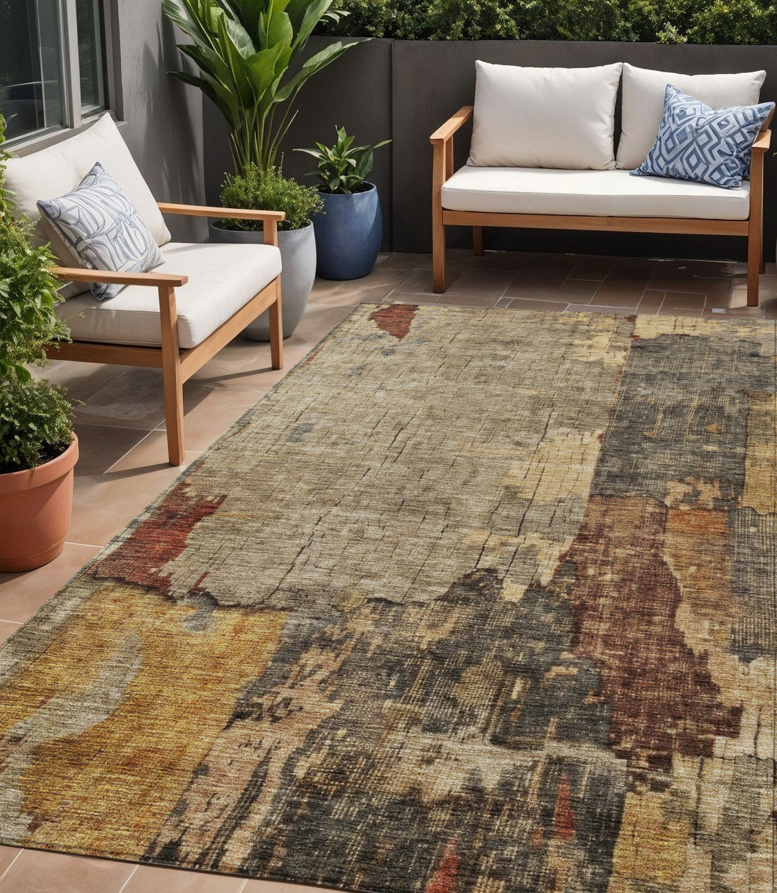 5' X 8' Khaki Charcoal And Terra Cotta Abstract Washable Indoor Outdoor Area Rug