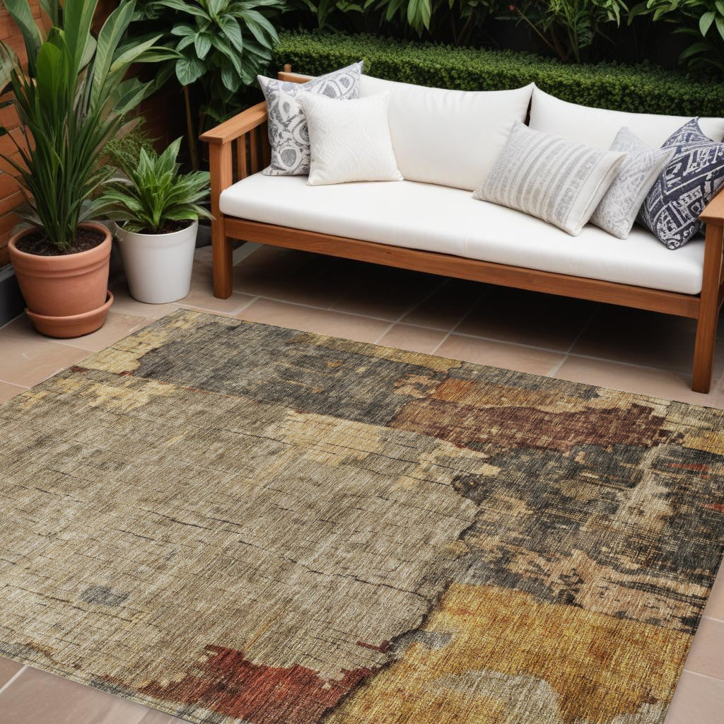 9' X 12' Khaki Charcoal And Terra Cotta Abstract Washable Indoor Outdoor Area Rug