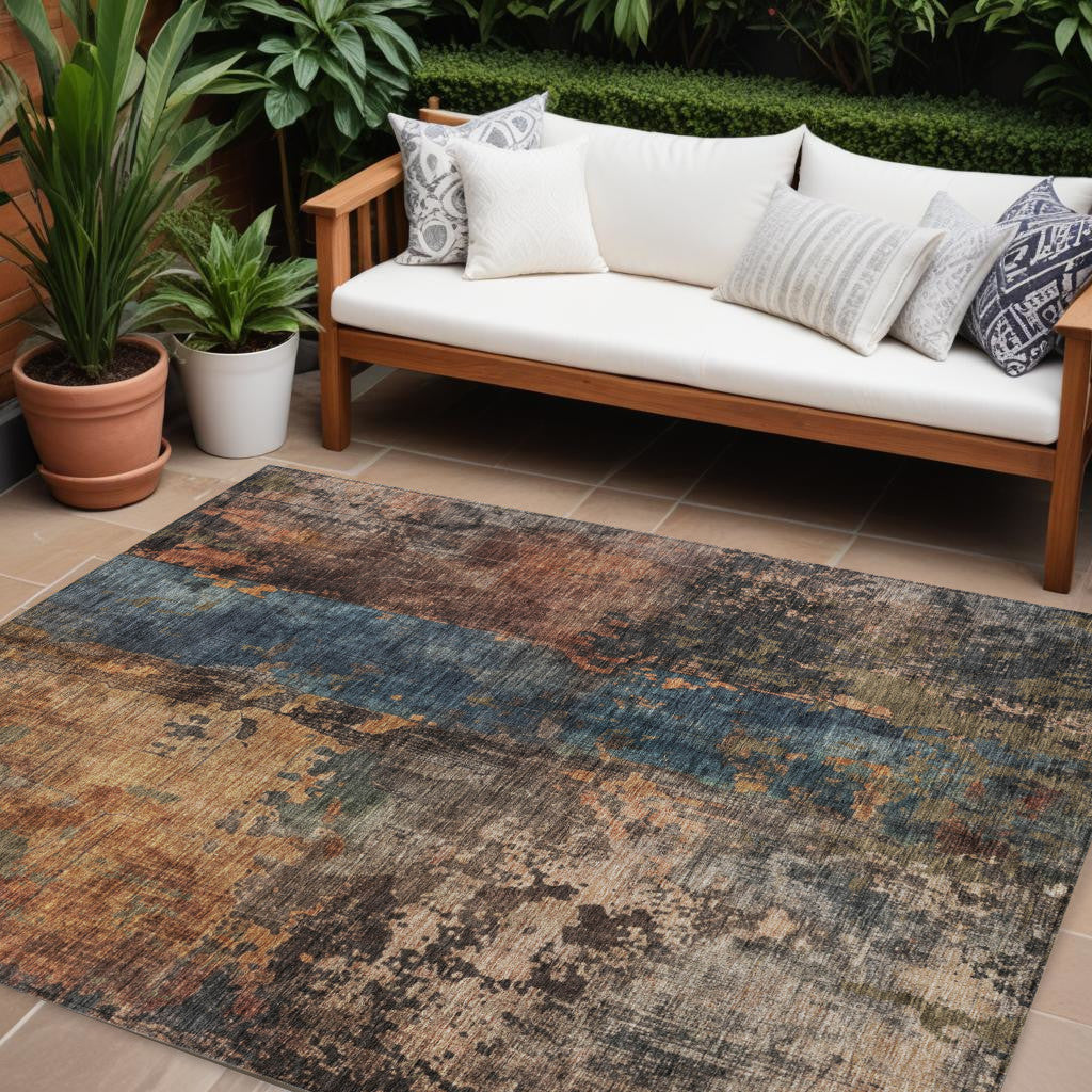 10' X 14' Blue Copper And Brown Abstract Washable Indoor Outdoor Area Rug