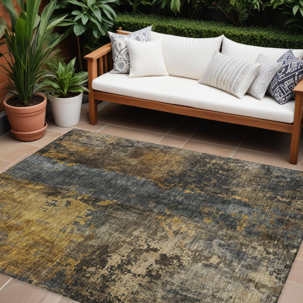 9' X 12' Gray Brown And Gold Abstract Washable Indoor Outdoor Area Rug