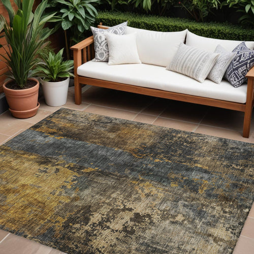 10' X 14' Gray Brown And Gold Abstract Washable Indoor Outdoor Area Rug
