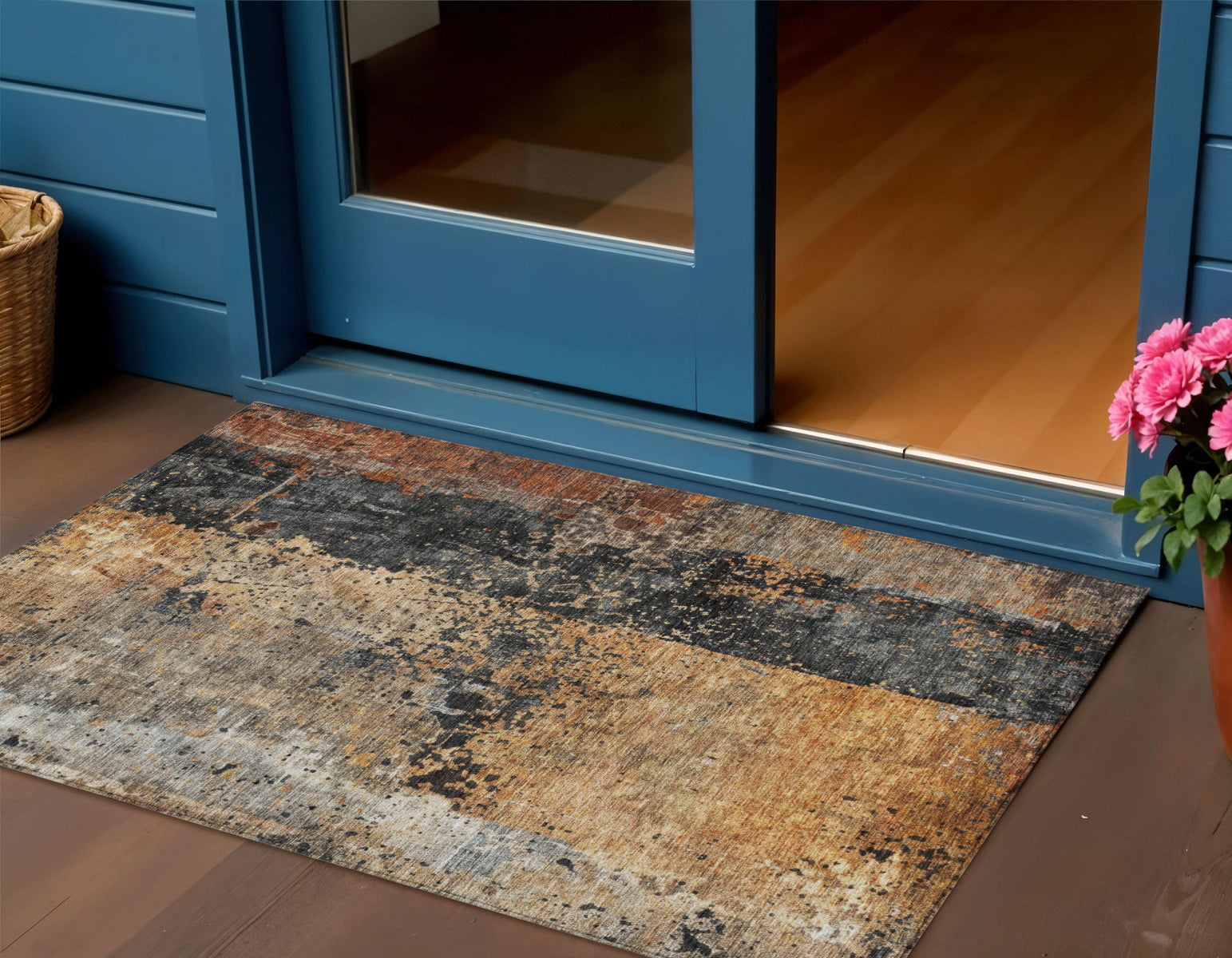 3' X 5' Copper And Black Abstract Washable Indoor Outdoor Area Rug