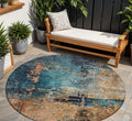 8' Teal Blue Black And Copper Round Abstract Washable Indoor Outdoor Area Rug