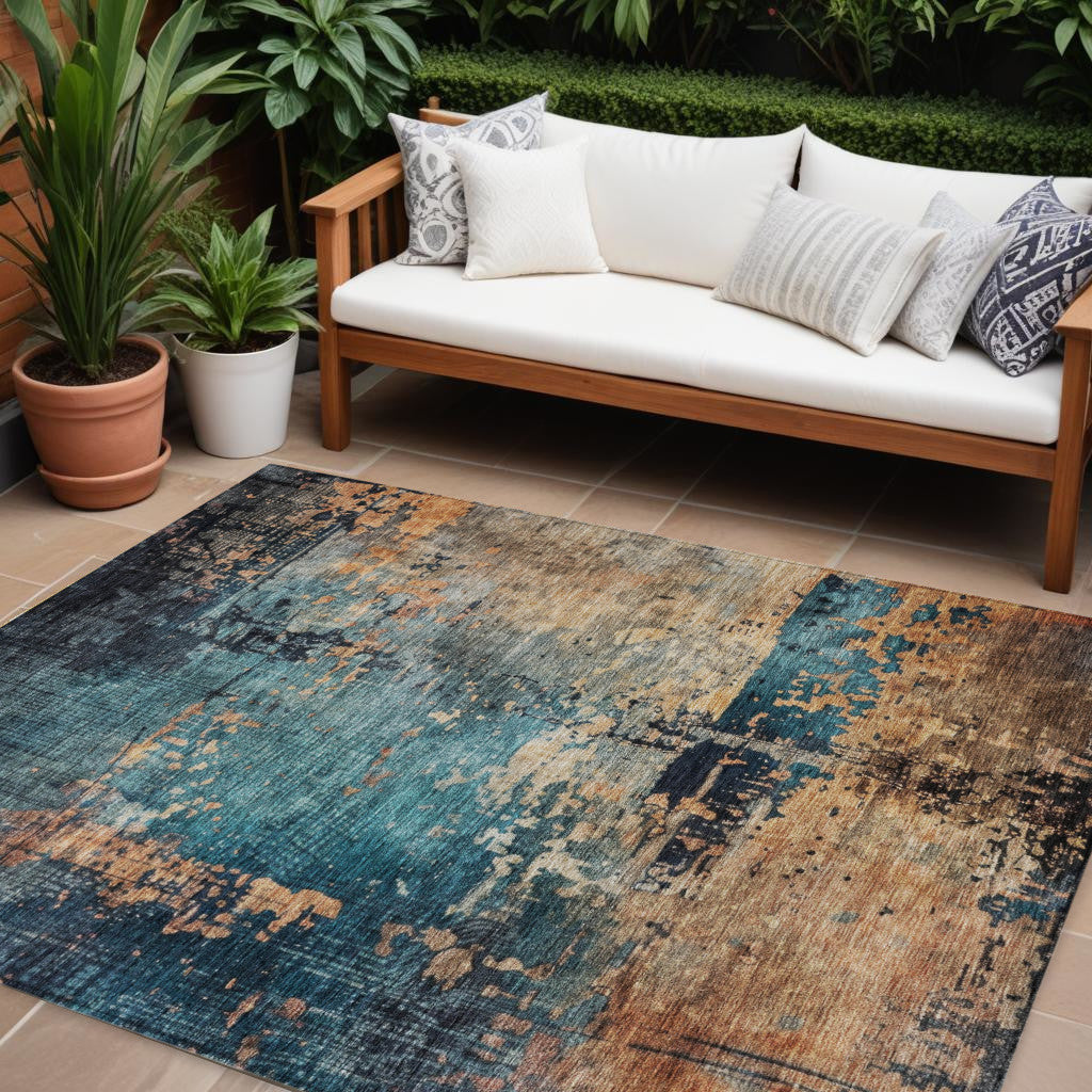 9' X 12' Teal Blue Black And Copper Abstract Washable Indoor Outdoor Area Rug