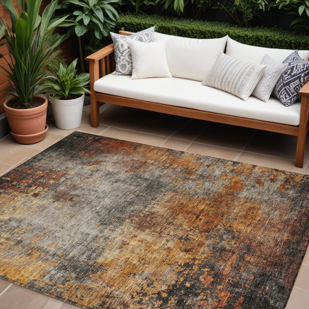 9' X 12' Copper Terra Cotta And Black Abstract Washable Indoor Outdoor Area Rug