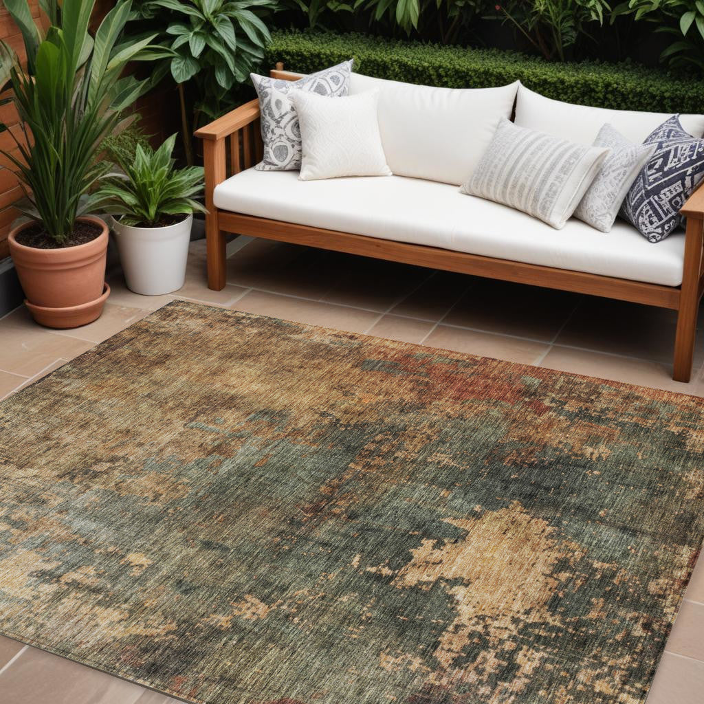 9' X 12' Sage Tan And Copper Abstract Washable Indoor Outdoor Area Rug