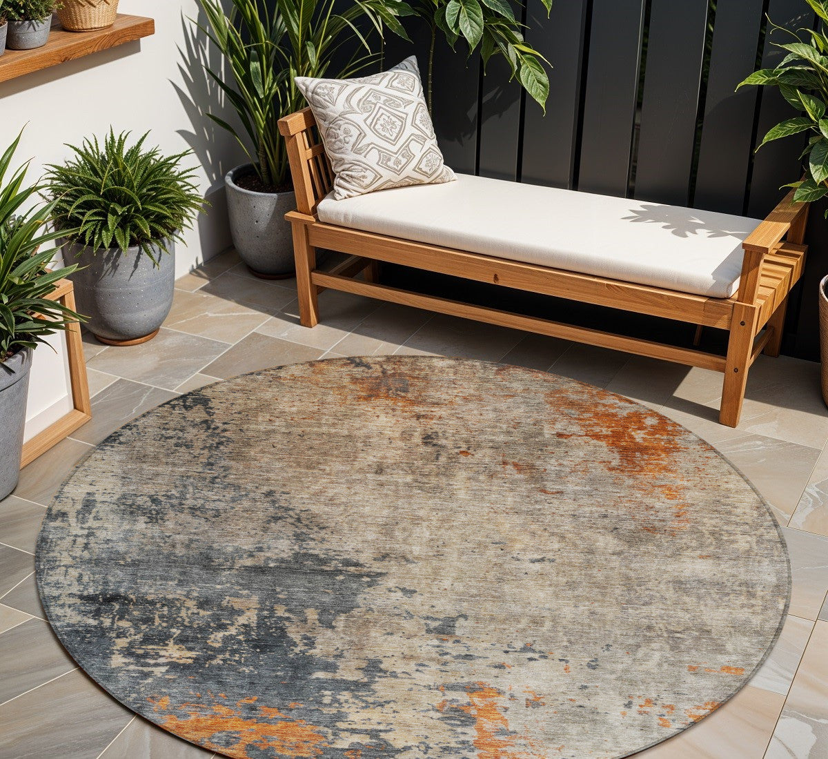 8' Khaki Gray And Copper Round Abstract Washable Indoor Outdoor Area Rug