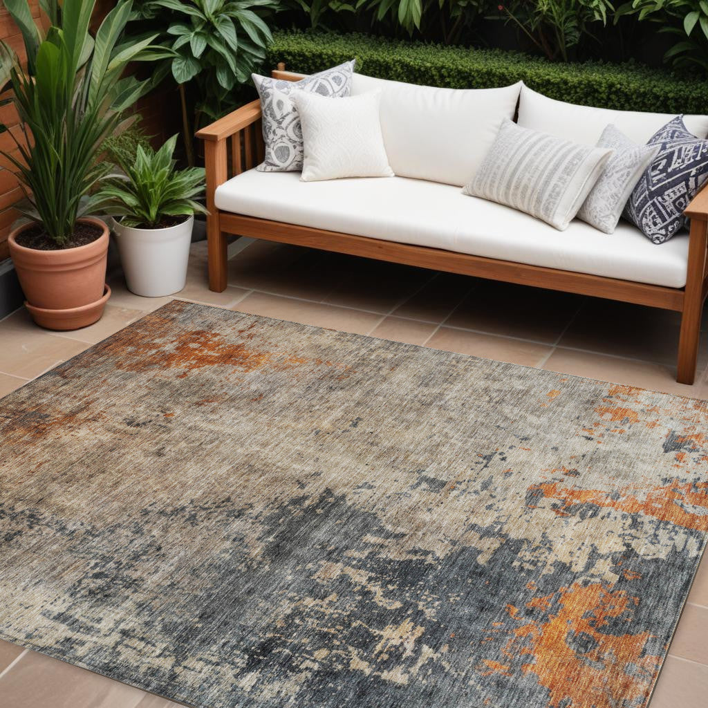 9' X 12' Khaki Gray And Copper Abstract Washable Indoor Outdoor Area Rug