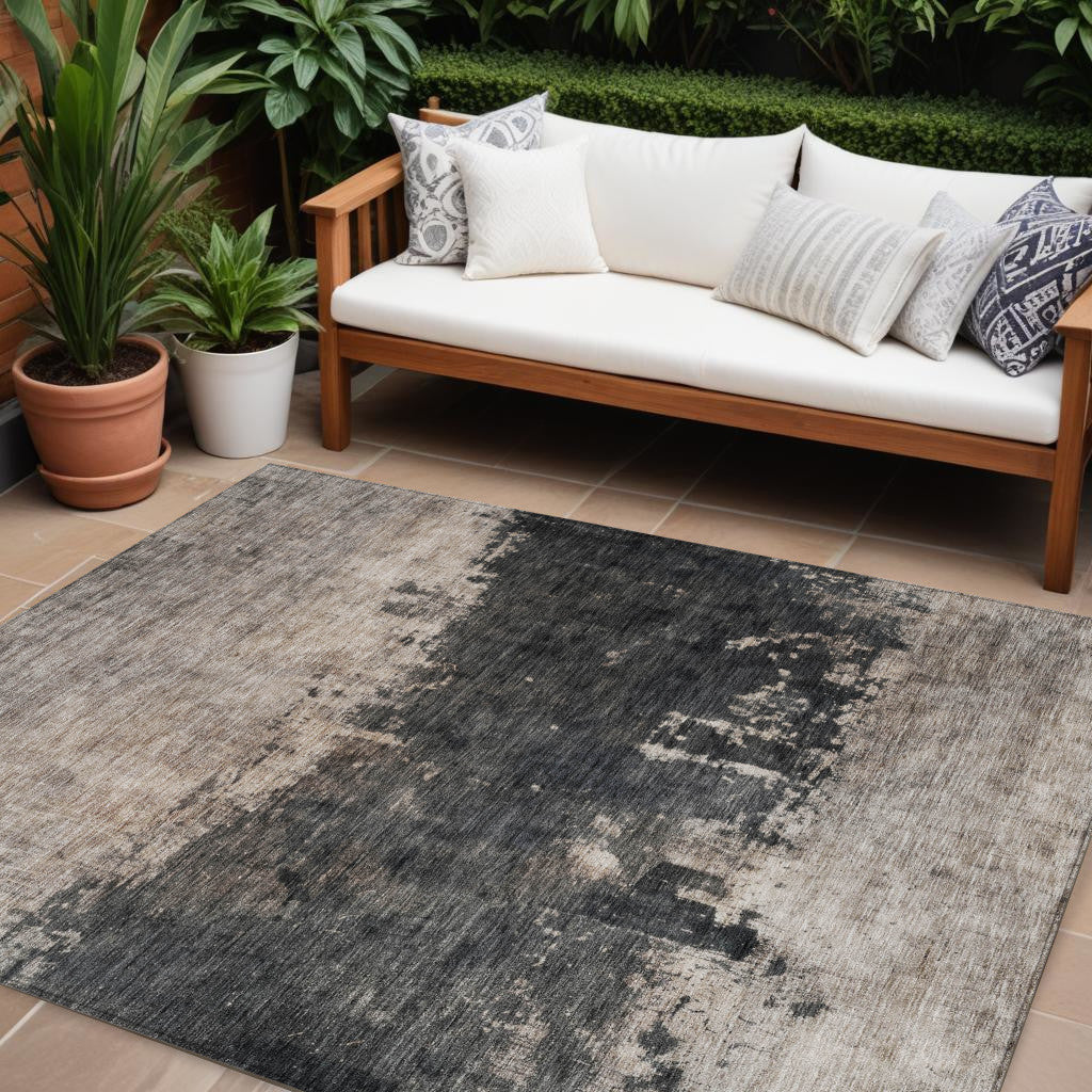 9' X 12' Taupe And Charcoal Abstract Washable Indoor Outdoor Area Rug