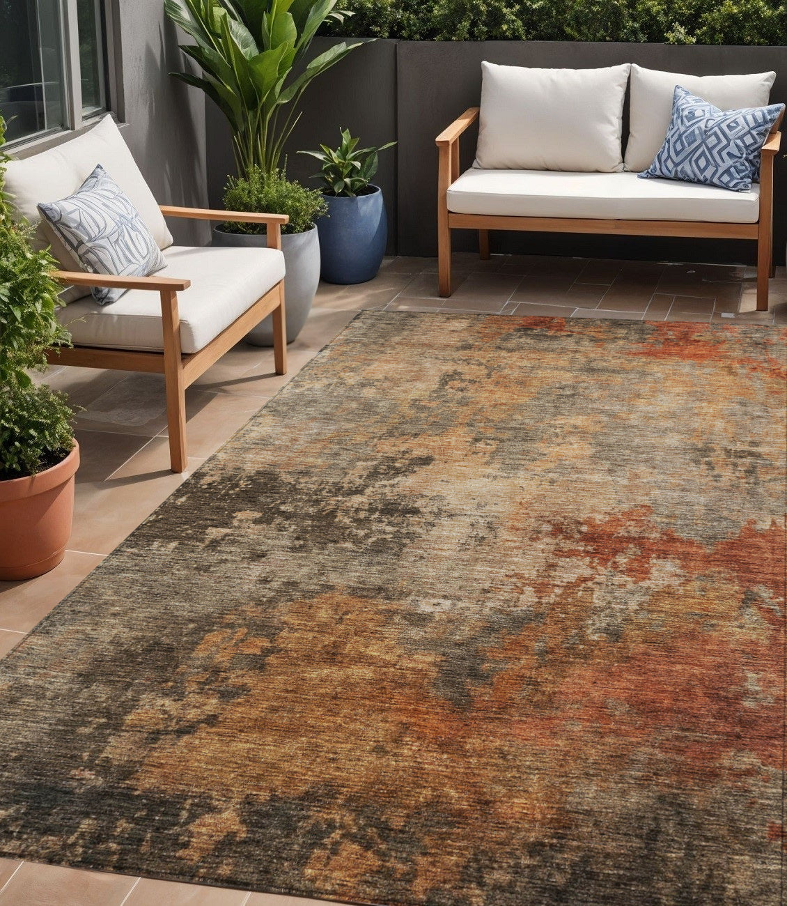 5' X 8' Khaki Brown And Copper Abstract Washable Indoor Outdoor Area Rug