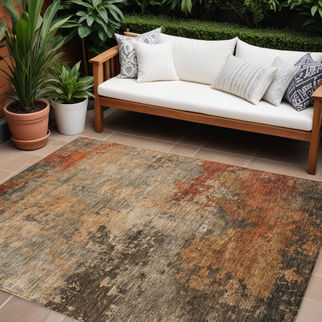 9' X 12' Khaki Brown And Copper Abstract Washable Indoor Outdoor Area Rug