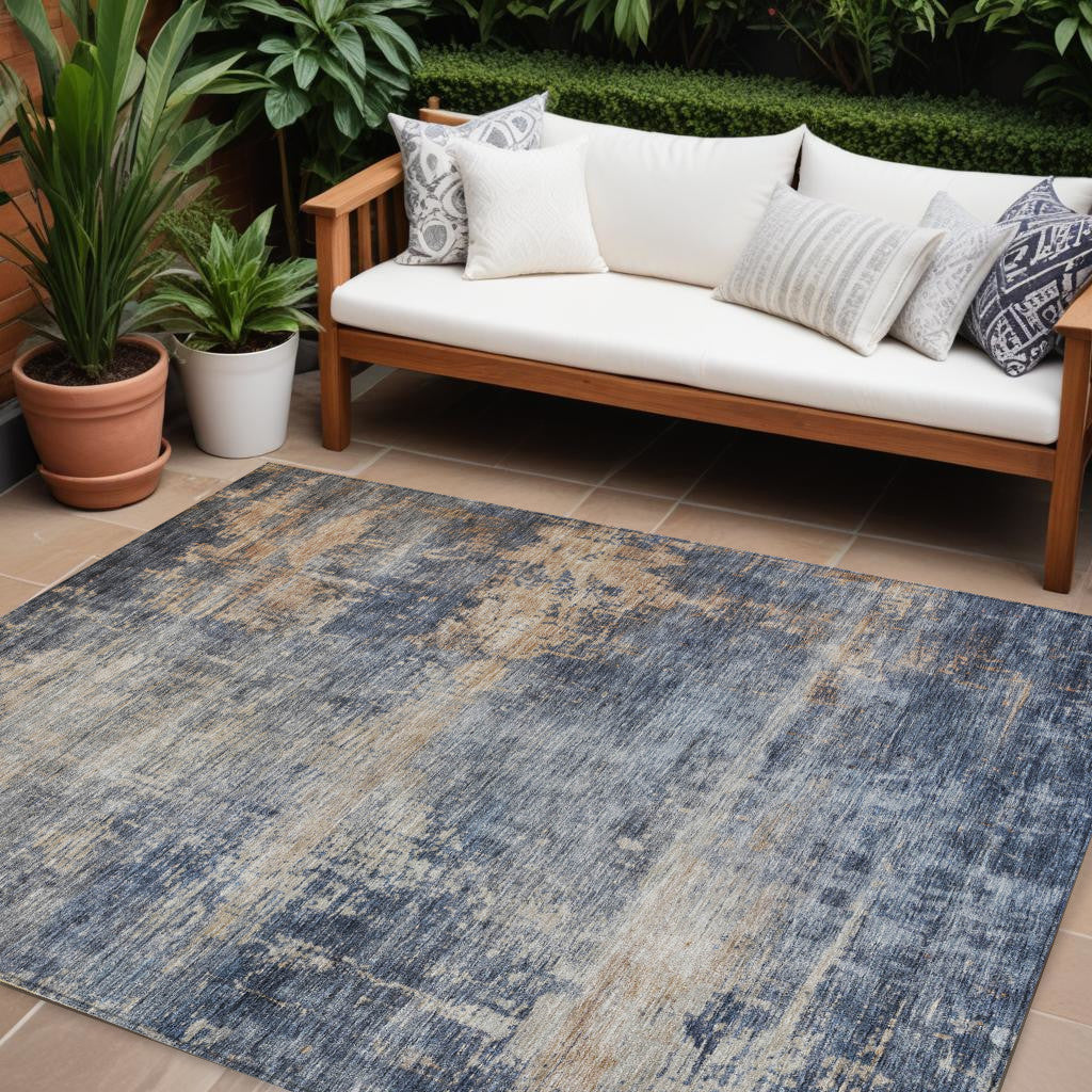 10' X 14' Denim Blue And Tan Abstract Washable Indoor Outdoor Area Rug