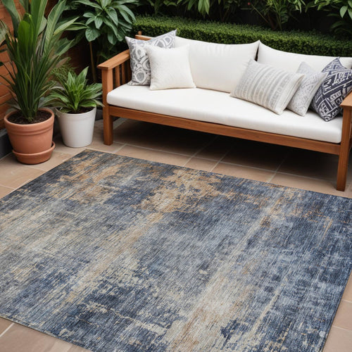 10' X 14' Denim Blue And Tan Abstract Washable Indoor Outdoor Area Rug