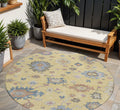 8' Gold Brown And Blue Round Floral Washable Indoor Outdoor Area Rug