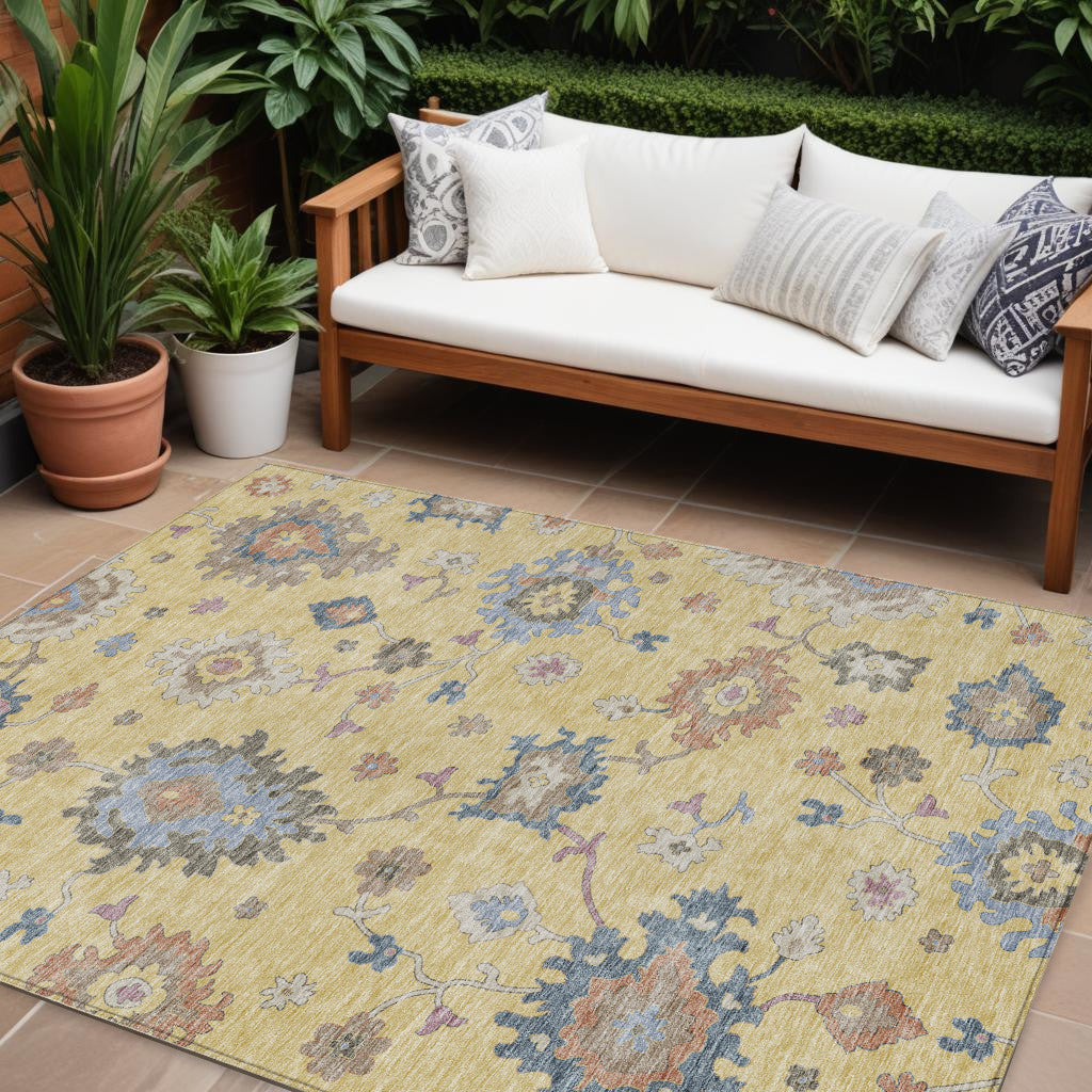 9' X 12' Gold Brown And Blue Floral Washable Indoor Outdoor Area Rug