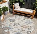 8' Ivory Brown And Blue Round Floral Washable Indoor Outdoor Area Rug