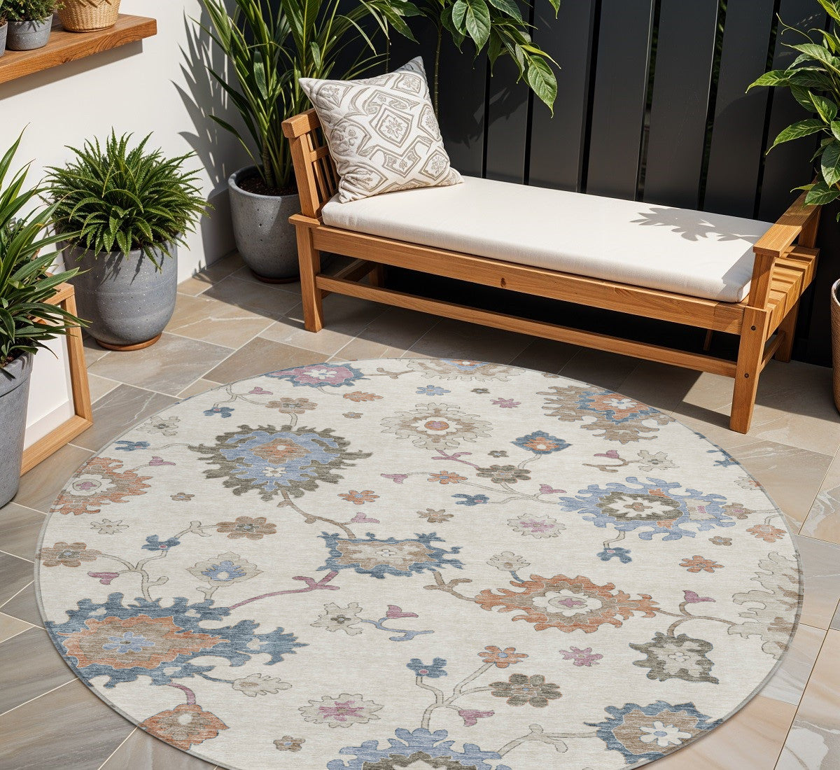 8' Ivory Brown And Blue Round Floral Washable Indoor Outdoor Area Rug