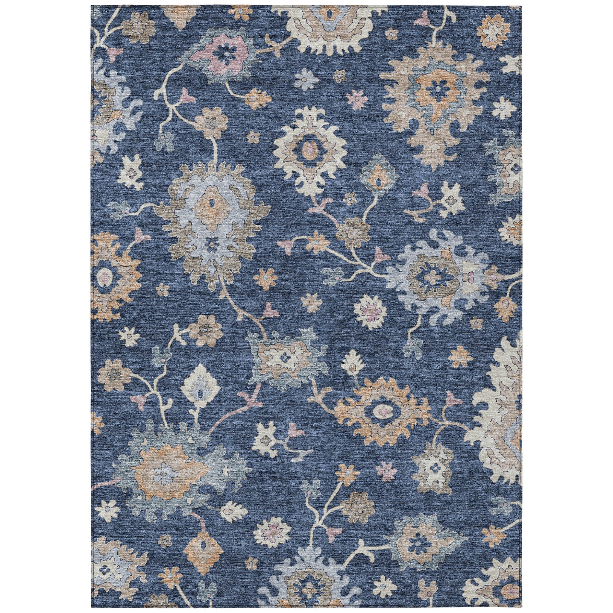 5' X 8' Navy Blue Beige And Gray Floral Washable Indoor Outdoor Area Rug