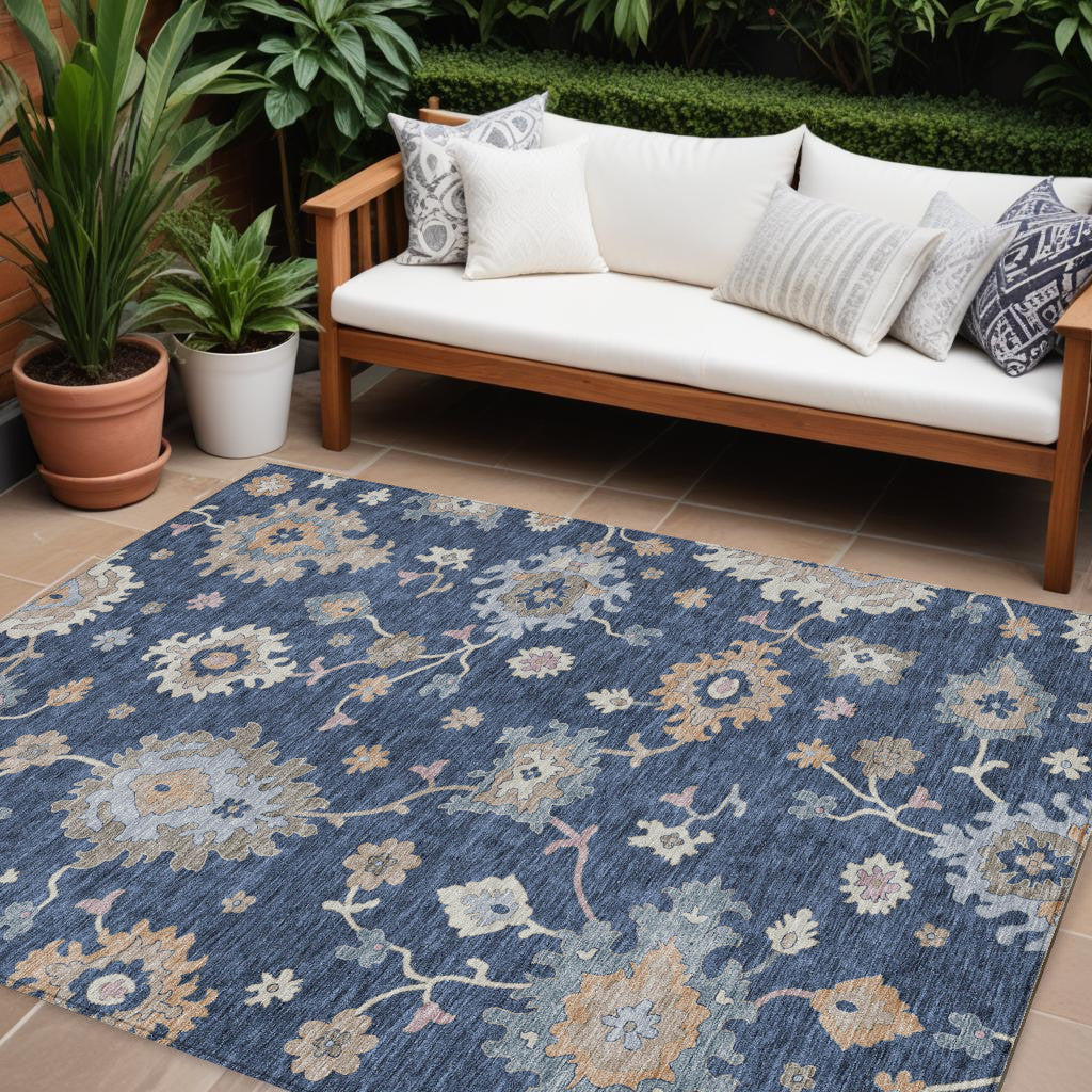 9' X 12' Navy Blue Beige And Gray Floral Washable Indoor Outdoor Area Rug