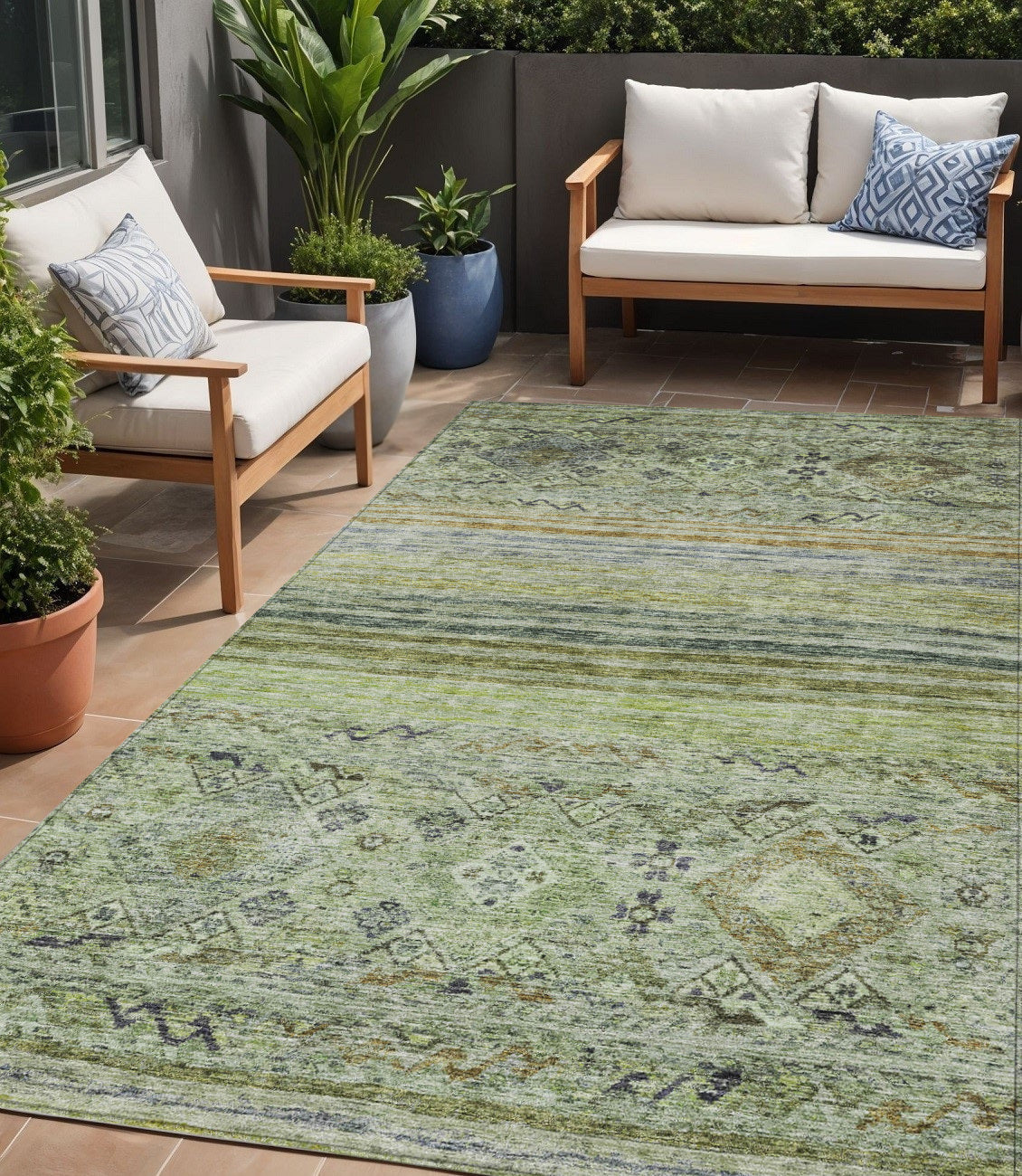 5' X 8' Artichoke Green Blue And Black Floral Washable Indoor Outdoor Area Rug