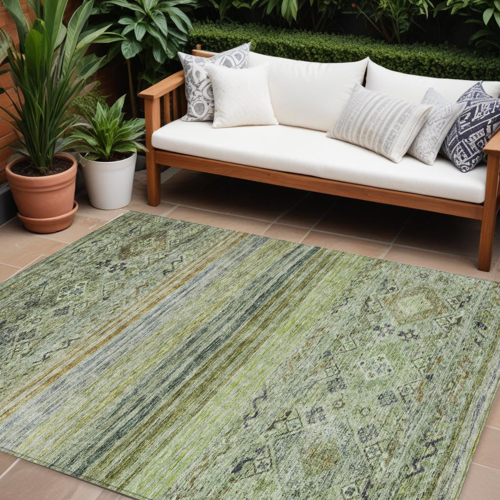 9' X 12' Artichoke Green Blue And Black Floral Washable Indoor Outdoor Area Rug