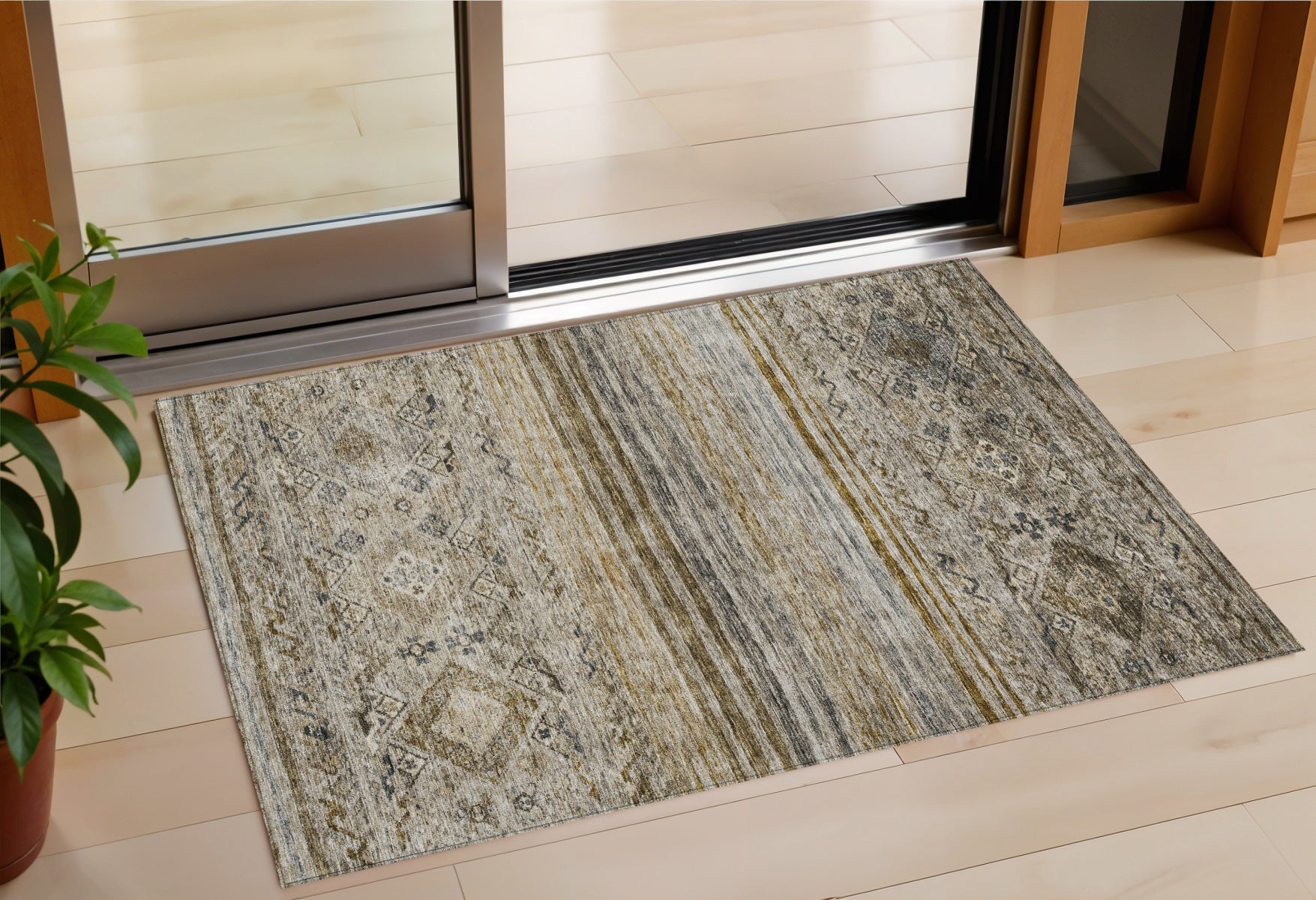 3' X 5' Brown Tan And Black Floral Washable Indoor Outdoor Area Rug