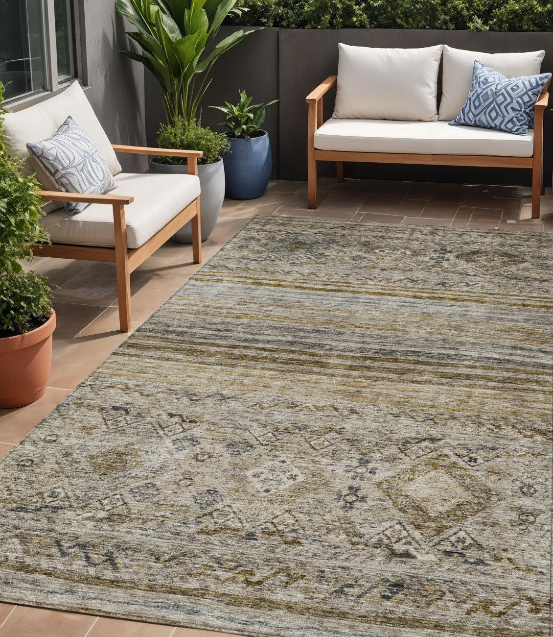 5' X 8' Brown Tan And Black Floral Washable Indoor Outdoor Area Rug