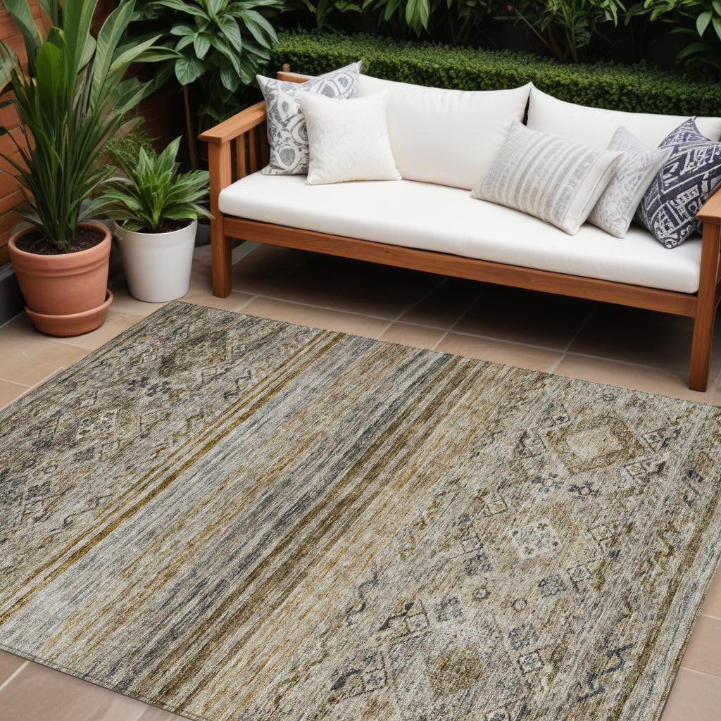 9' X 12' Brown Tan And Black Floral Washable Indoor Outdoor Area Rug