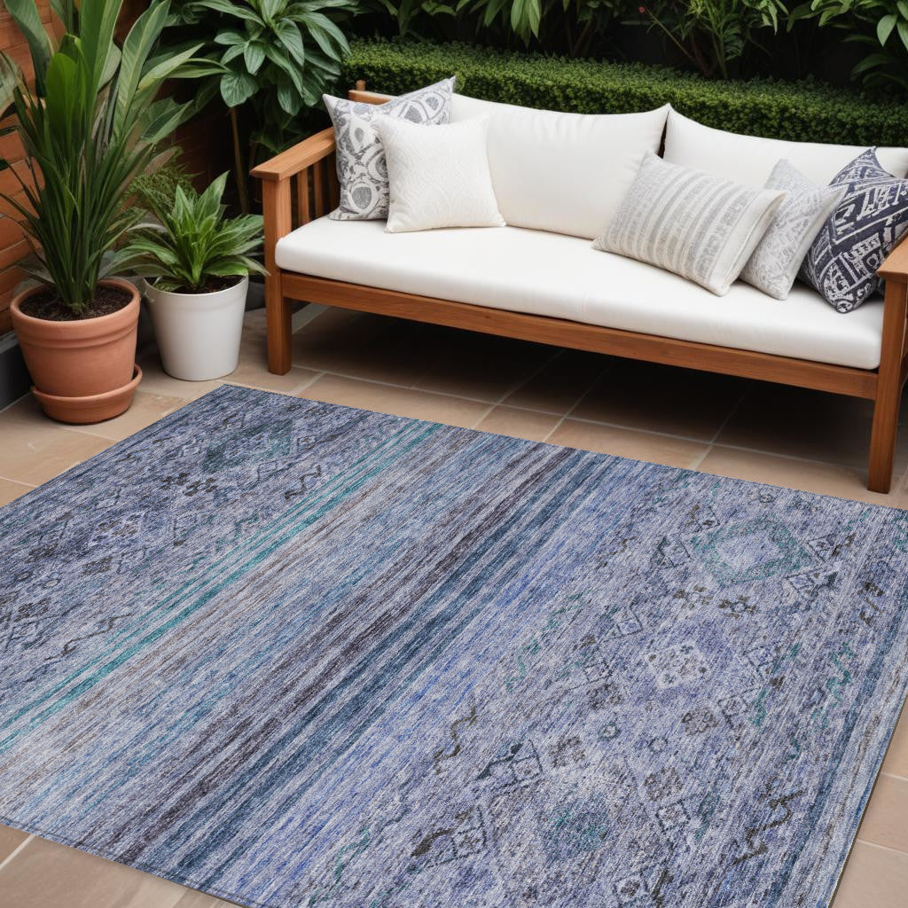 10' X 14' Blue Aqua And Charcoal Floral Washable Indoor Outdoor Area Rug