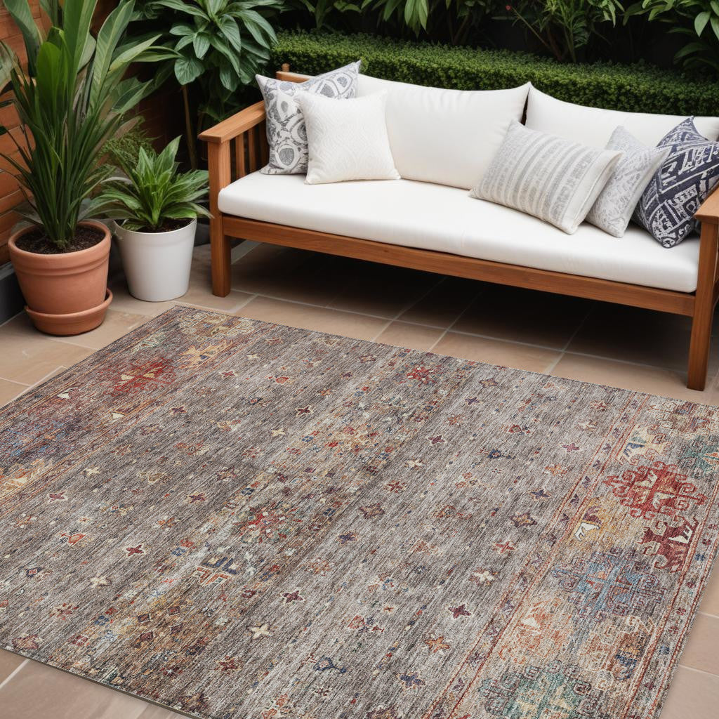9' X 12' Gray Tan And Terra Cotta Floral Washable Indoor Outdoor Area Rug