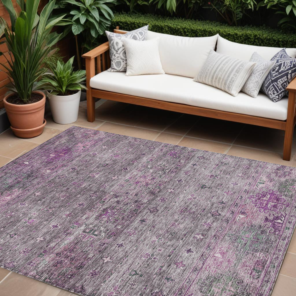 9' X 12' Purple And Gray Floral Washable Indoor Outdoor Area Rug