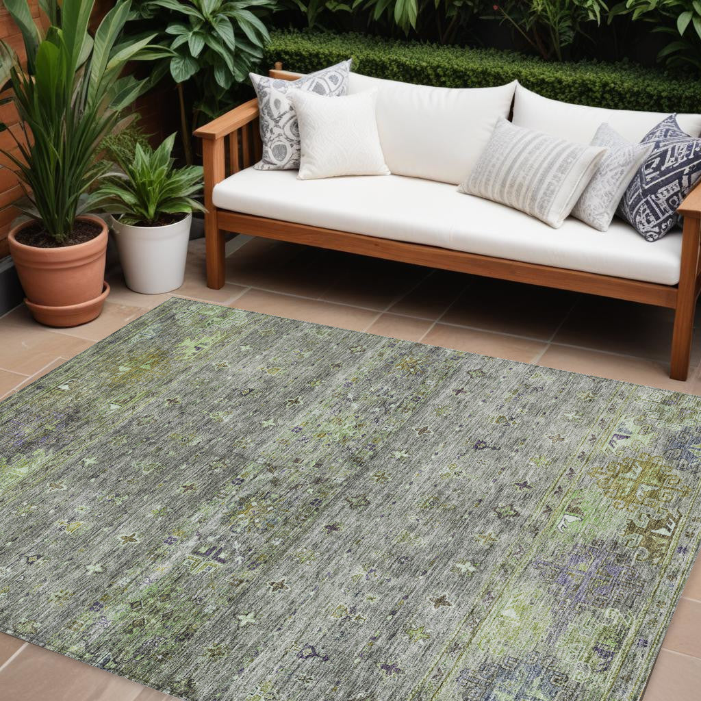 9' X 12' Sage And Gray Floral Washable Indoor Outdoor Area Rug