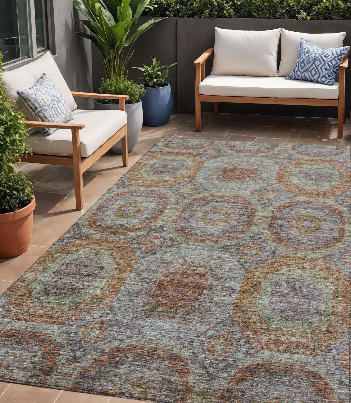 5' X 8' Copper Green And Gray Geometric Washable Indoor Outdoor Area Rug