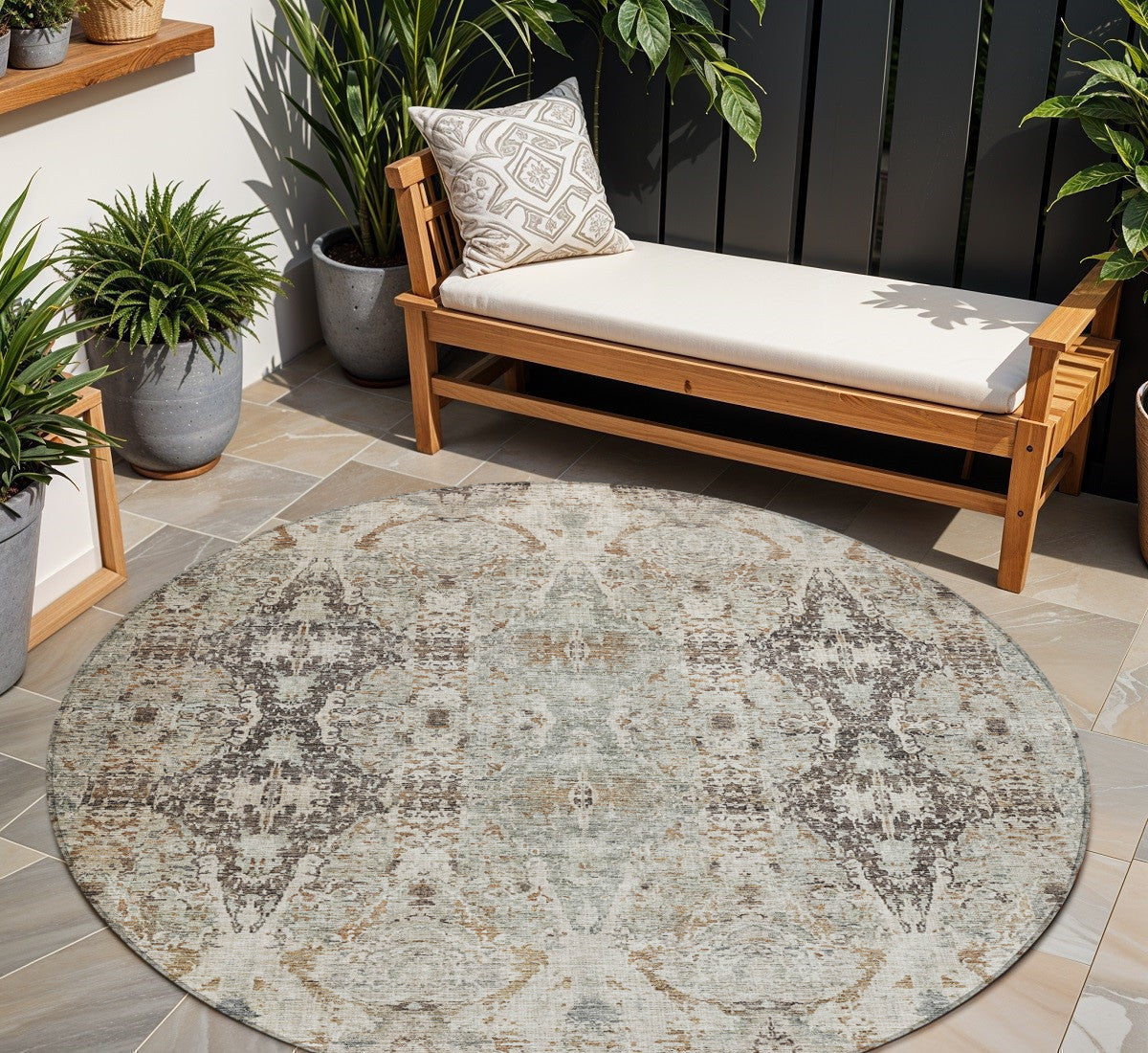 8' Linen Black And Brown Round Floral Washable Indoor Outdoor Area Rug
